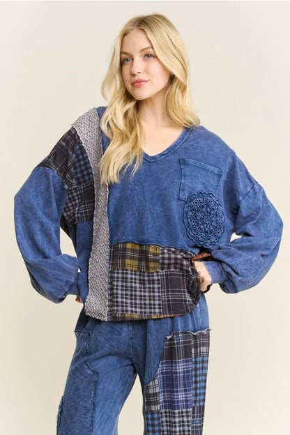 Mineral Washed Plaid Patched Doily Vneck Top