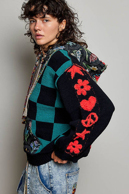 Checkerboard Floral Jacquard Knit Hoodie