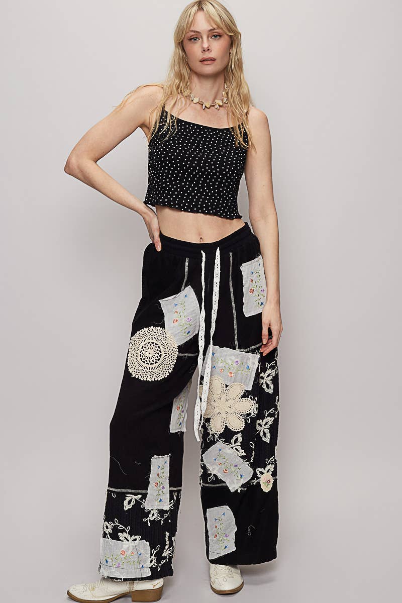 Solid Lace Patch Detail Woven Pants