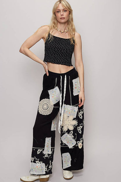 Solid Lace Patch Detail Woven Pants