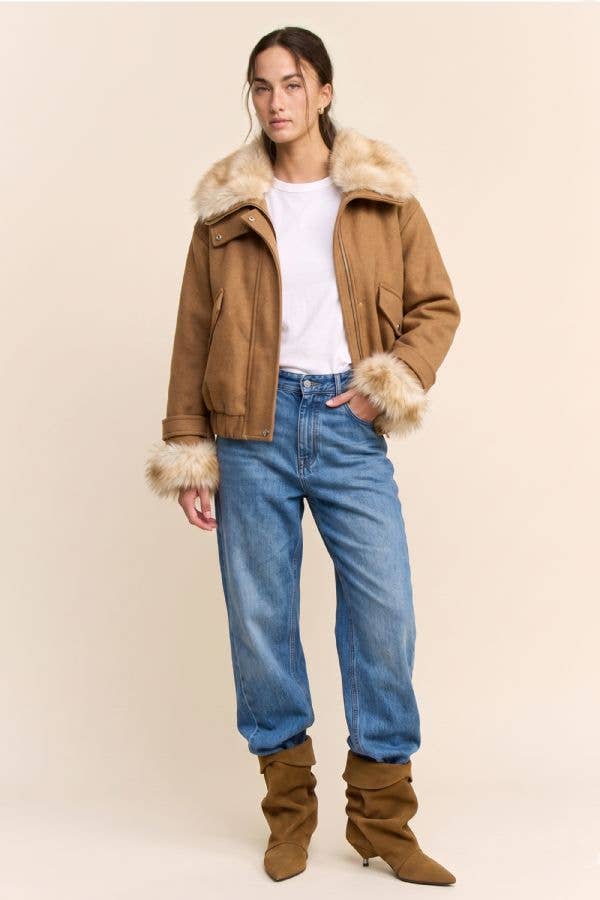 Faux Fur Trim Aviator Bomber Jacket