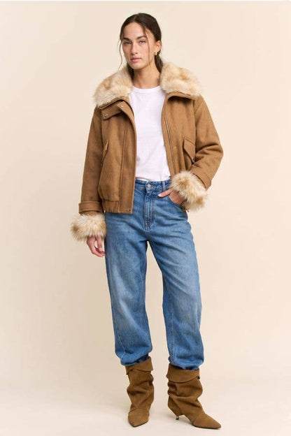 Faux Fur Trim Aviator Bomber Jacket
