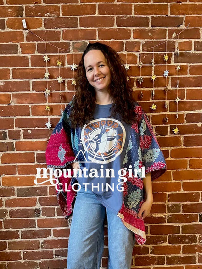 Upcycled Kantha Poncho Mix Of Band + Boho Graphic Tees