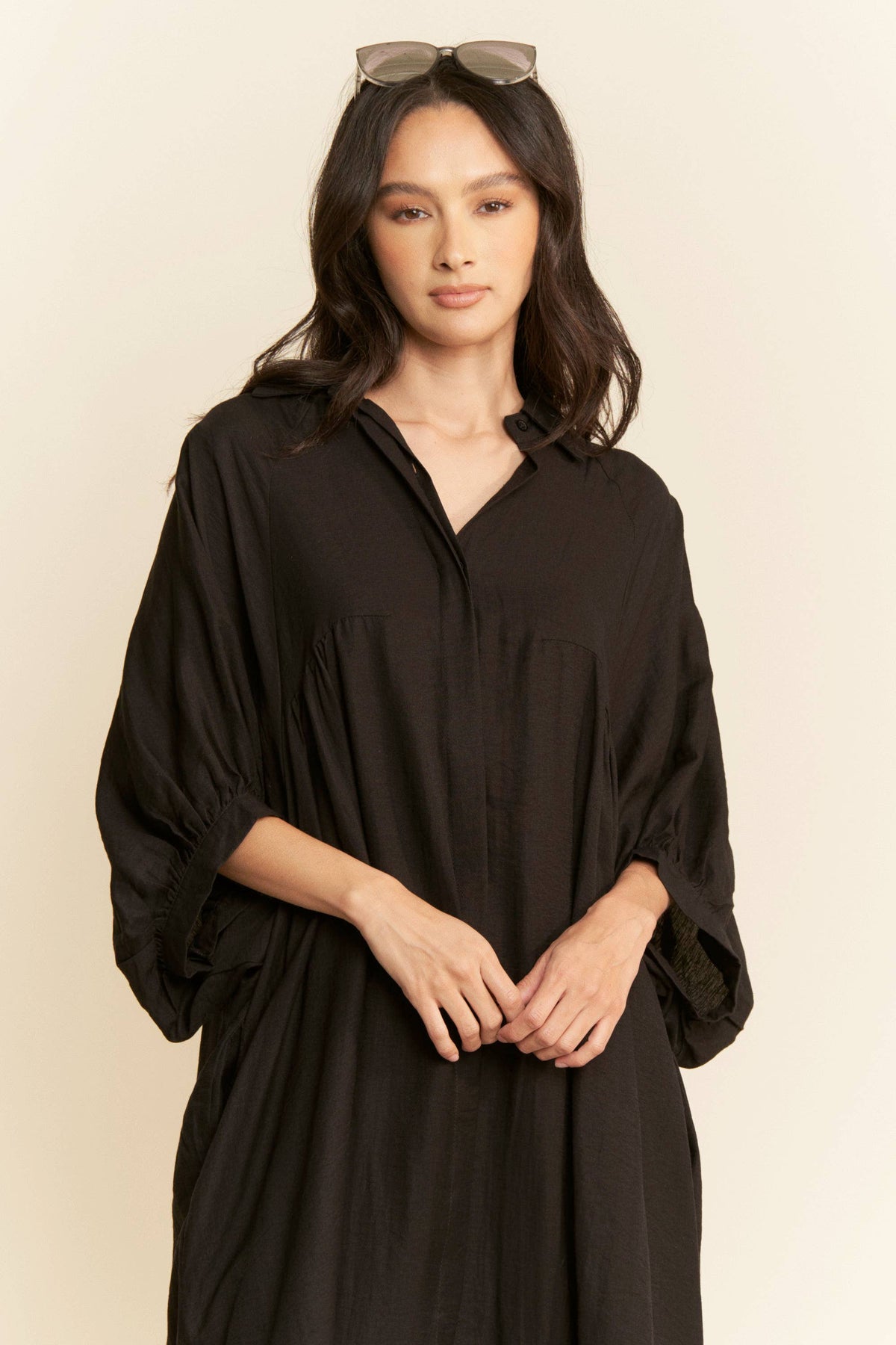 Oversized Twist-Back Collared Maxi Shirt Dress