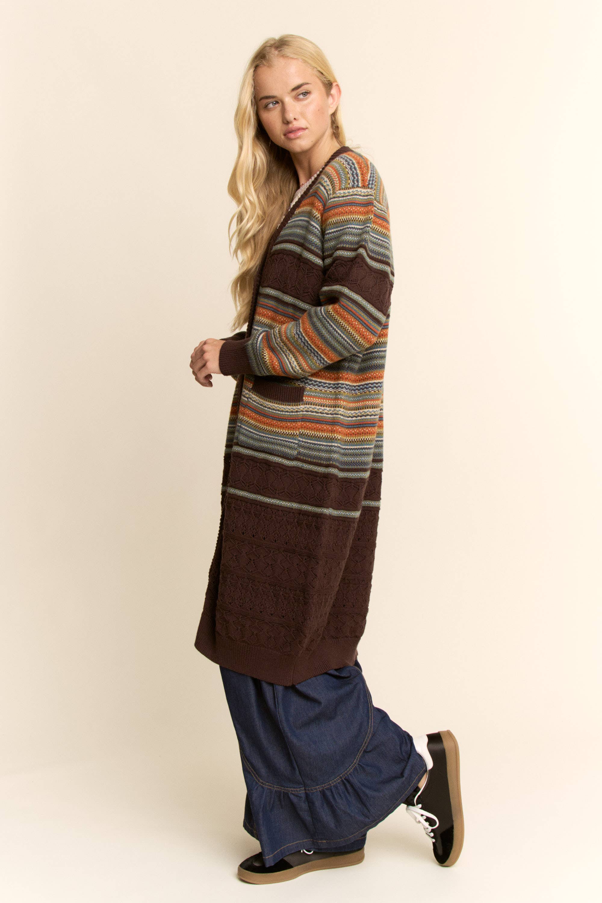 Striped Pointelle Knit Duster Cardigan