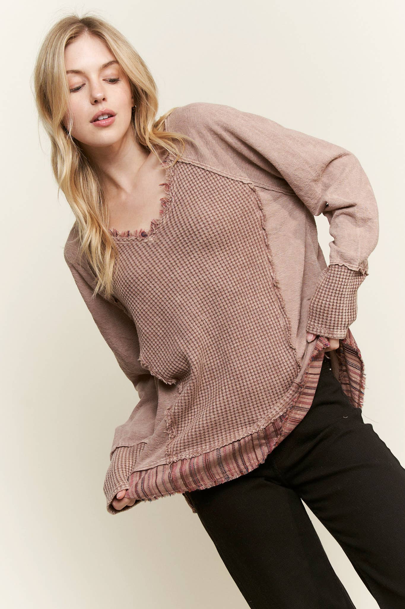 Mineral Wash Frayed Stripe Waffle Melangie Knittop