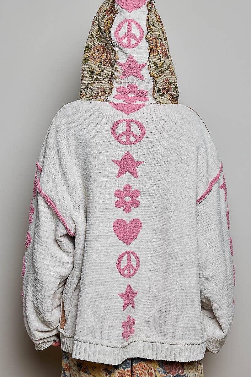Checkerboard Floral Jacquard Knit Hoodie