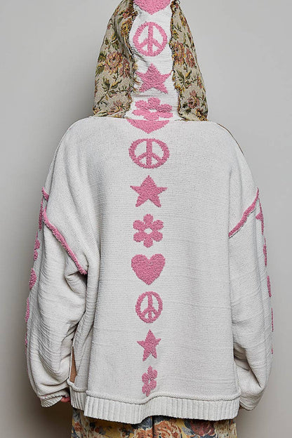 Checkerboard Floral Jacquard Knit Hoodie