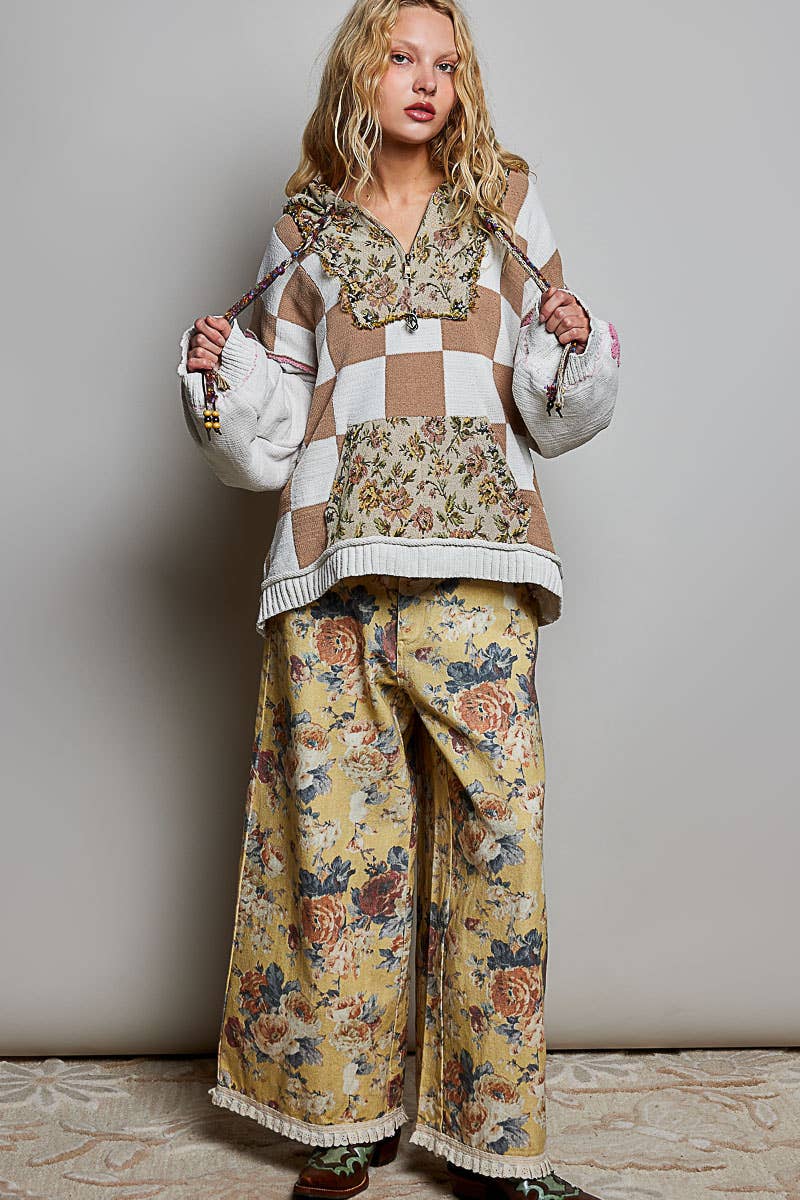 Checkerboard Floral Jacquard Knit Hoodie