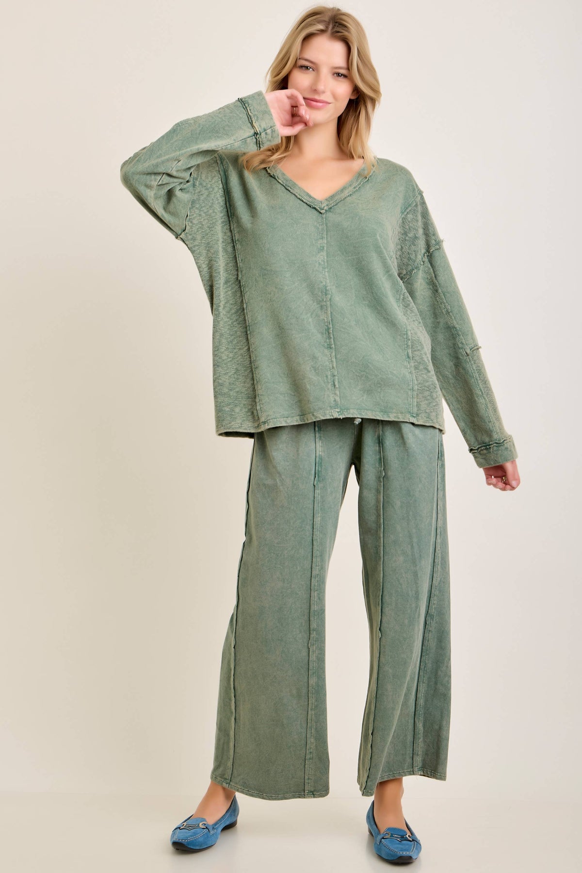Mineral Washed Sweater Weather Vneck Knitted Top