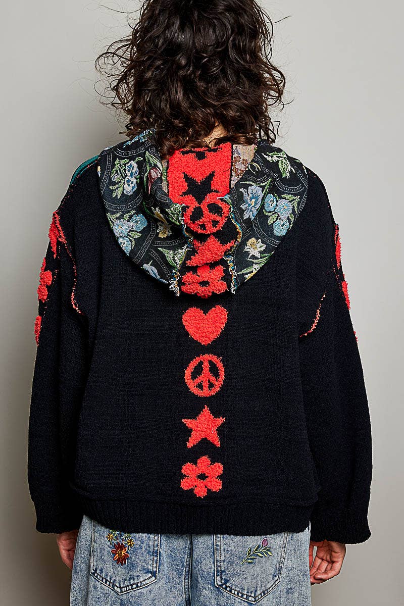 Checkerboard Floral Jacquard Knit Hoodie