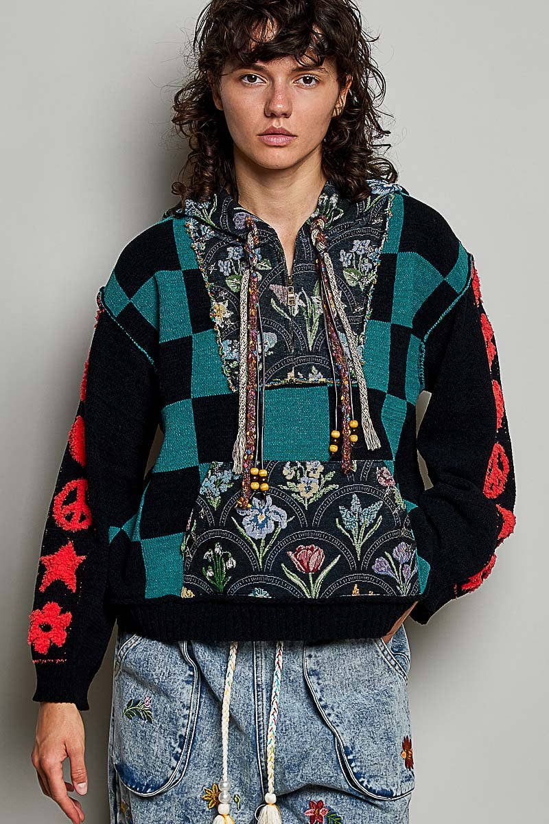 Checkerboard Floral Jacquard Knit Hoodie