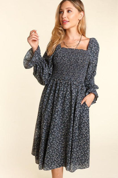 Charcoal Ditzy Flower Fit and Flare Babydoll Dress - Random Hippie