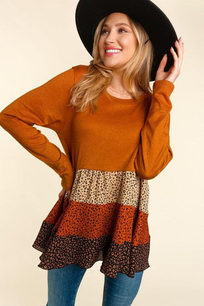 Color Block Leopard Print Babydoll Top - Random Hippie