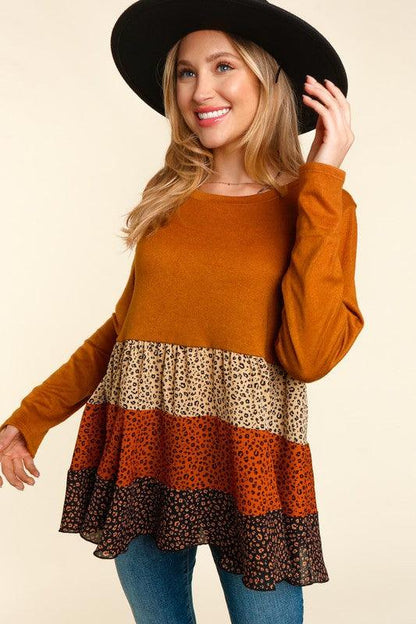 Color Block Leopard Print Babydoll Top - Random Hippie