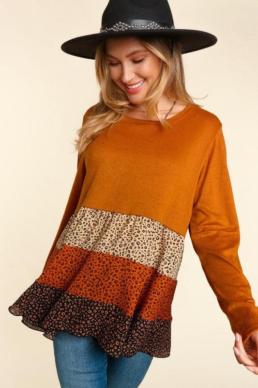 Color Block Leopard Print Babydoll Top - Random Hippie