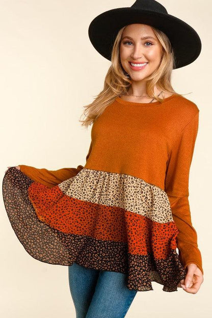 Color Block Leopard Print Babydoll Top - Random Hippie