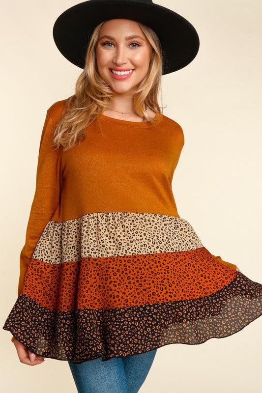 Color Block Leopard Print Babydoll Top - Random Hippie