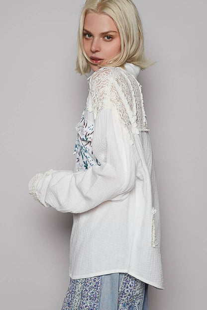 V-neck Contrast Double Gauze Top