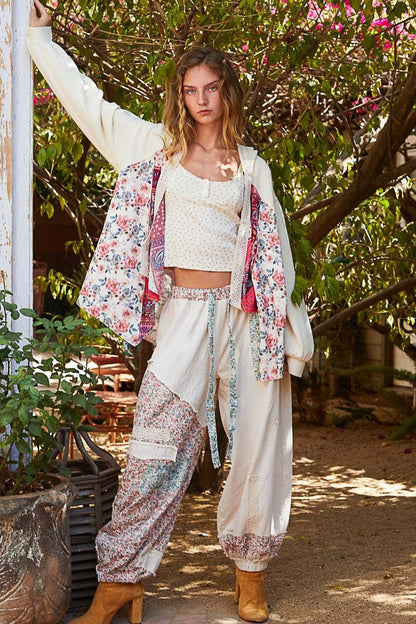 Floral print patchwork twill Jogger pants