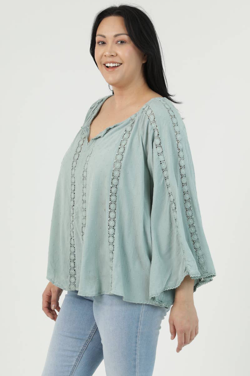 FLARE BELL SLEEVE LACE TRIM BLOUSE