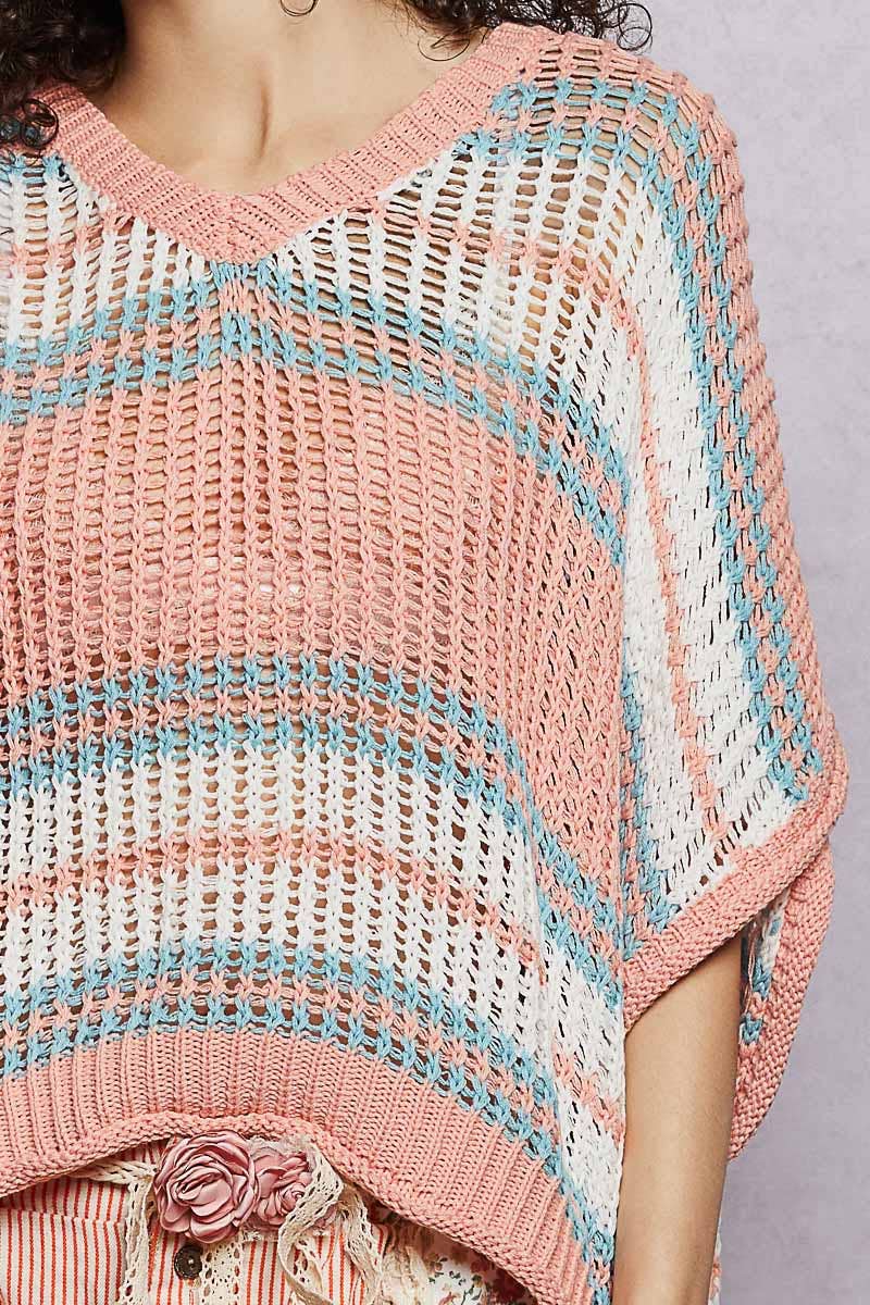 Short Sleeve V-neck Striped Thin Sweater Knit Top
