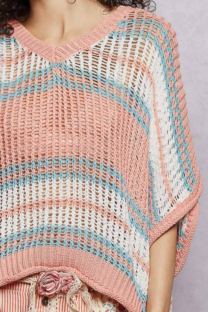 Short Sleeve V-neck Striped Thin Sweater Knit Top