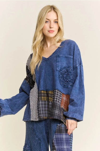 Mineral Washed Plaid Patched Doily Vneck Top