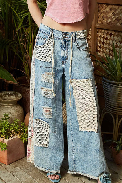 Stud detail woven denim pants