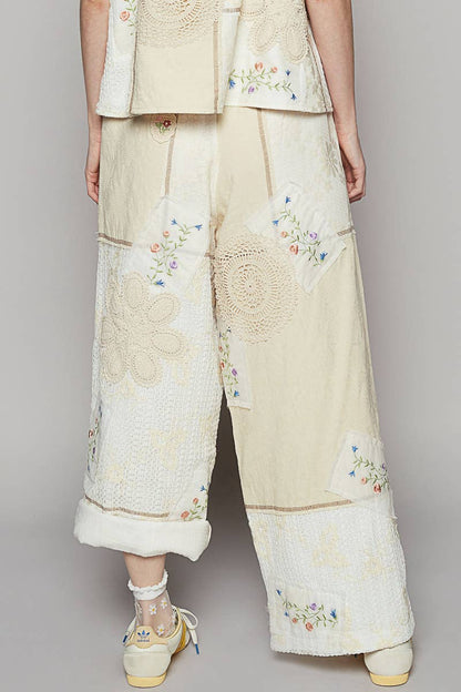 Solid Lace Patch Detail Woven Pants