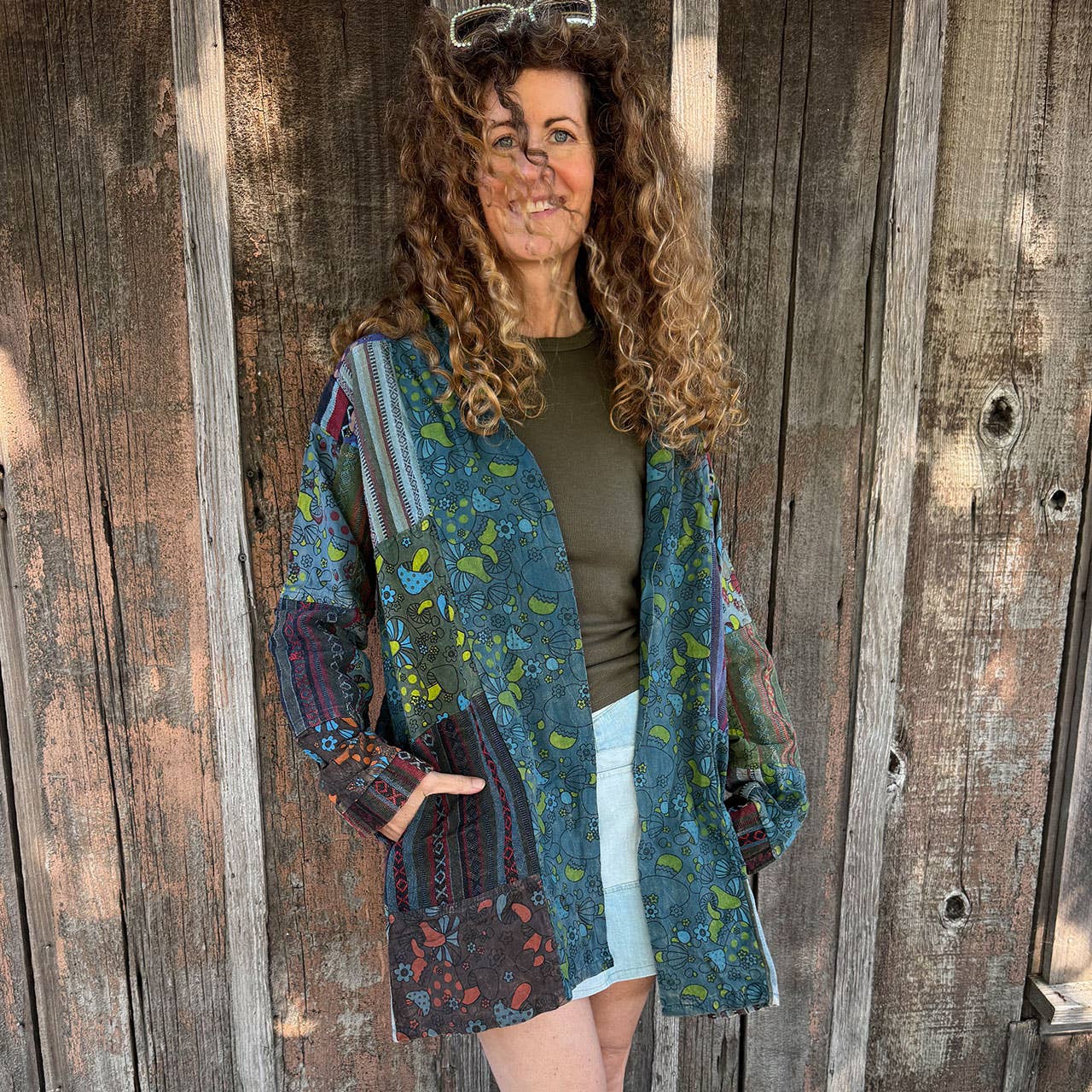 Mushroom Print Patchwork Kimono Jacket