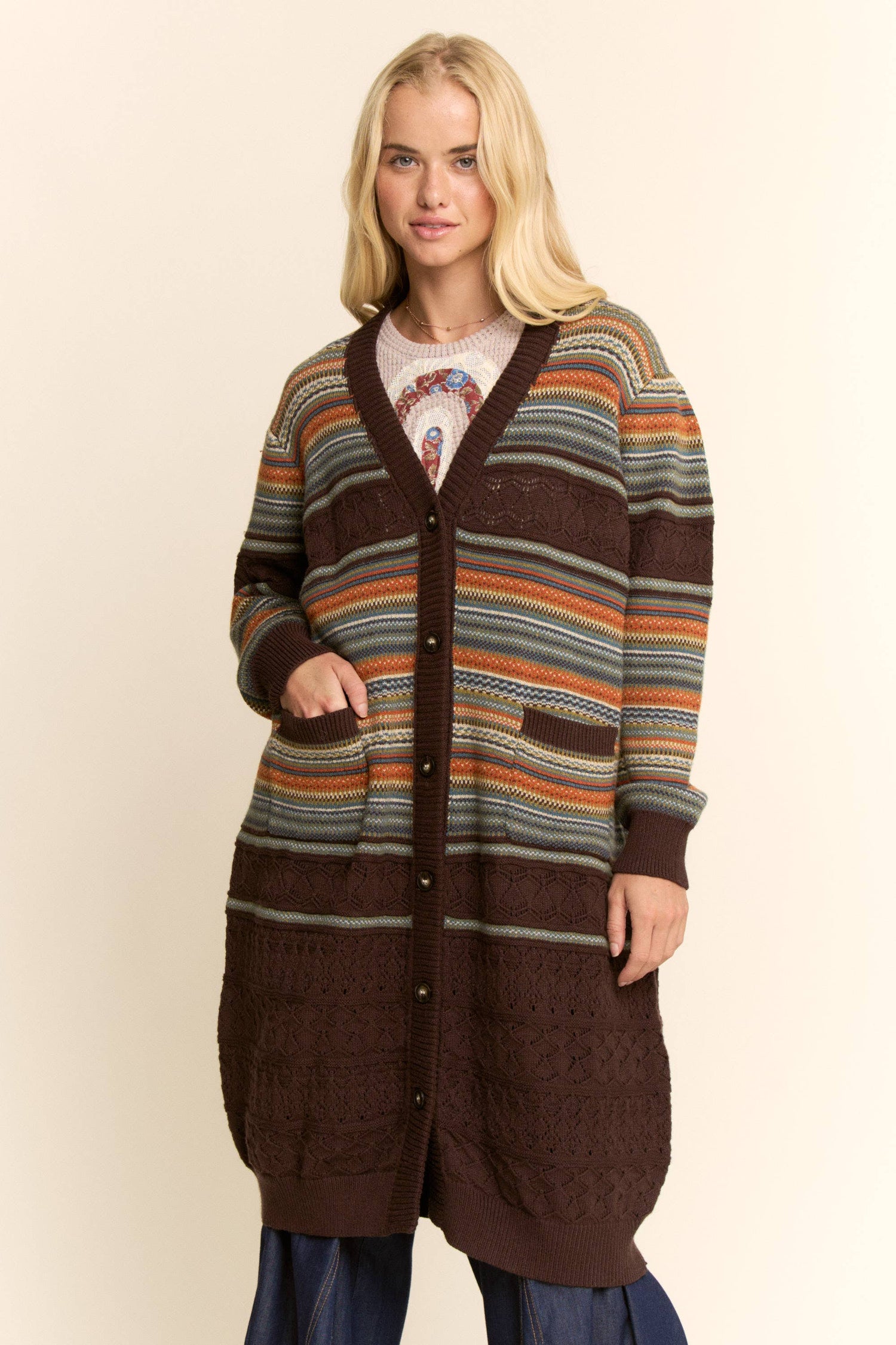 Striped Pointelle Knit Duster Cardigan