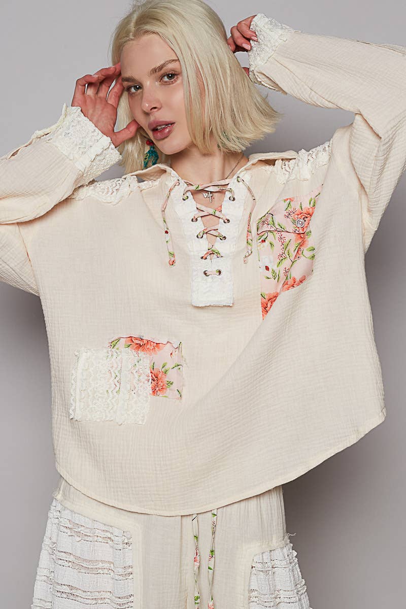 V-neck Contrast Double Gauze Top