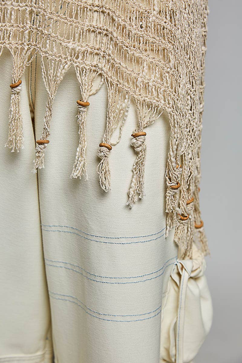 Open Knit Tassel Fringe Poncho Top