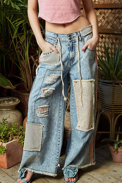 Stud detail woven denim pants
