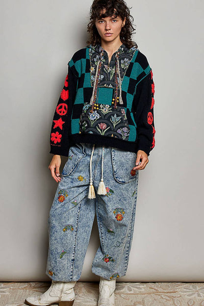Checkerboard Floral Jacquard Knit Hoodie