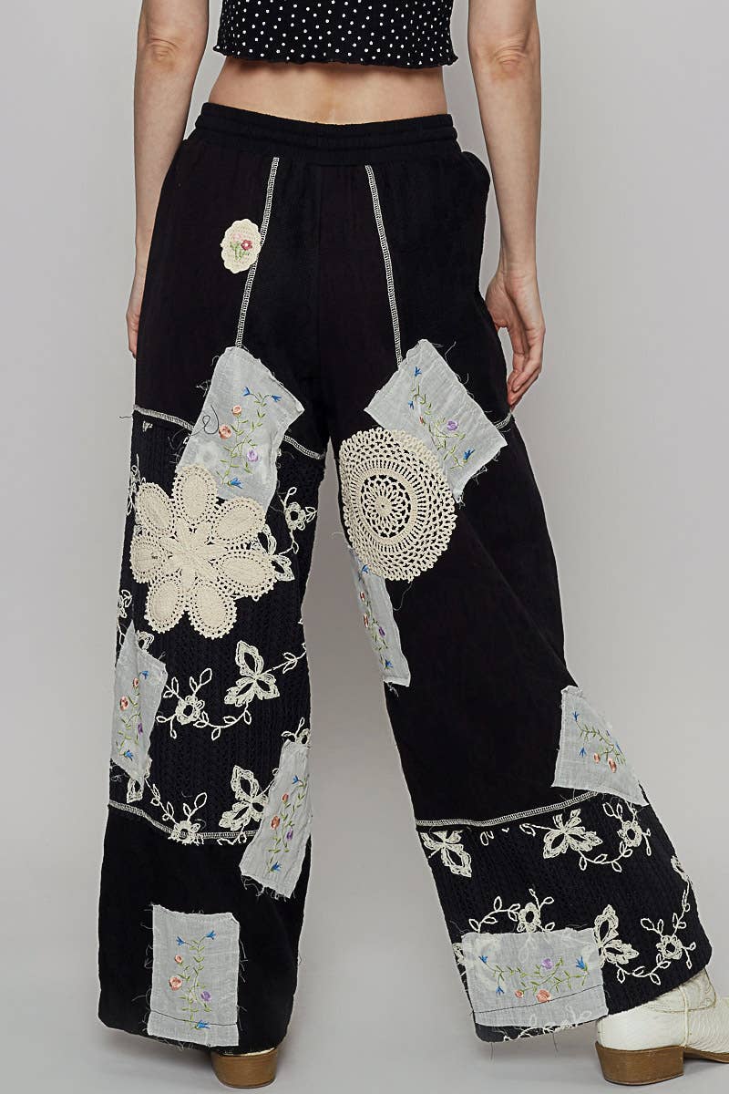 Solid Lace Patch Detail Woven Pants