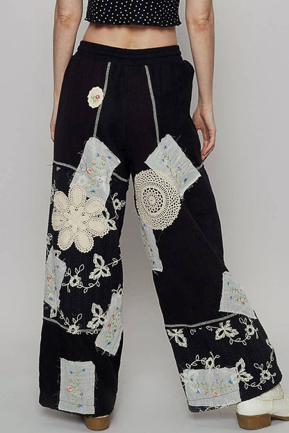 Solid Lace Patch Detail Woven Pants