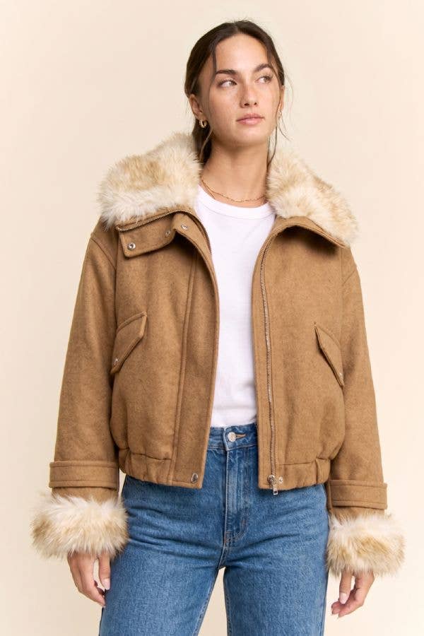 Faux Fur Trim Aviator Bomber Jacket