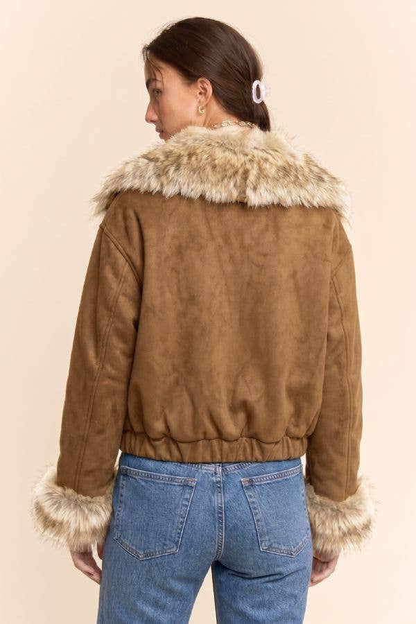 Faux Fur Trim Aviator Bomber Jacket
