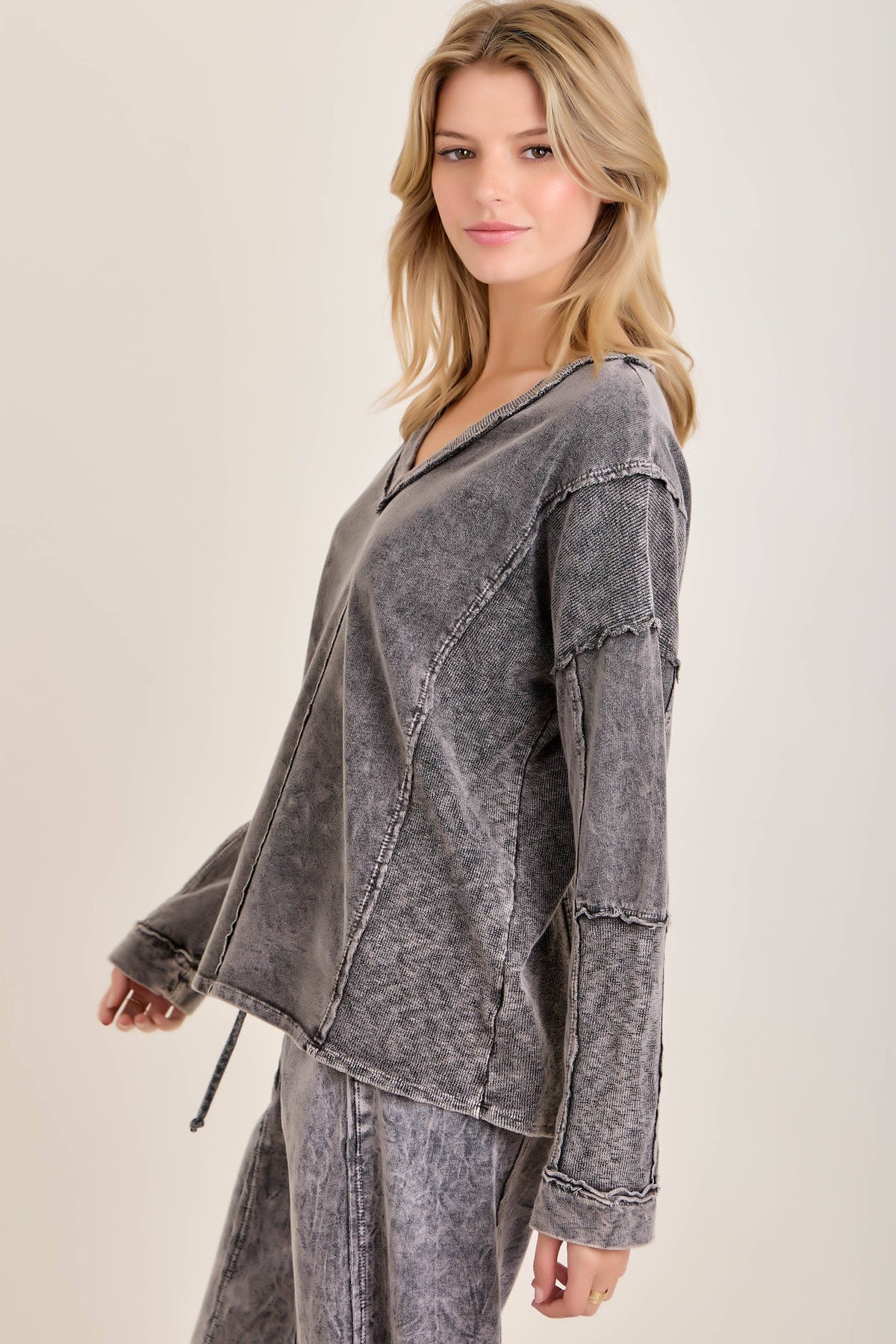 Mineral Washed Sweater Weather Vneck Knitted Top