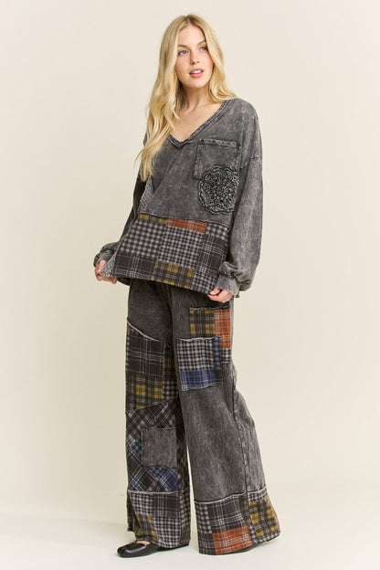 Mineral Washed Plaid Patched Doily Vneck Top
