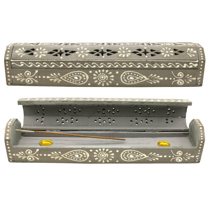Gray Hand Painted Wooden Incense Box (12 in.)