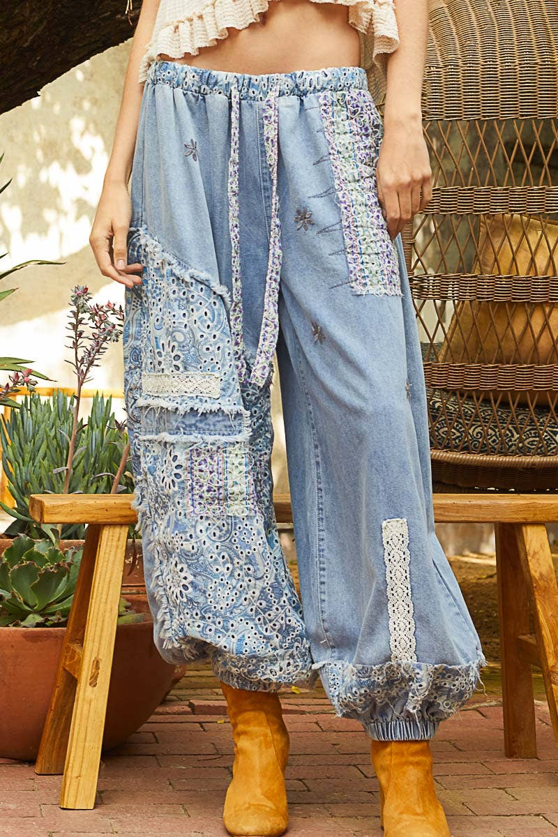 Floral print patchwork twill Jogger pants