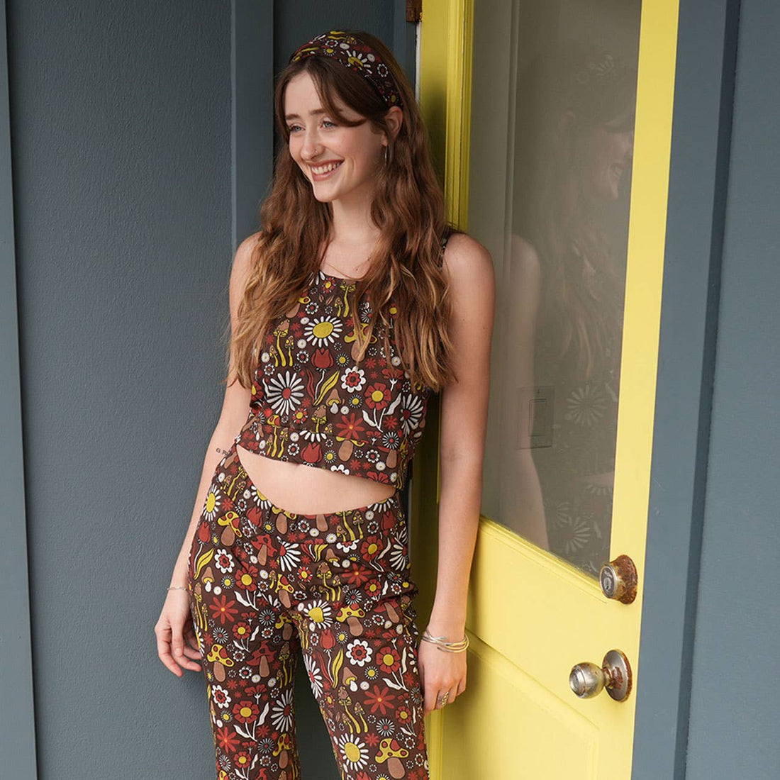 Cotton Spandex Groovy Mushroom Print Crop Top