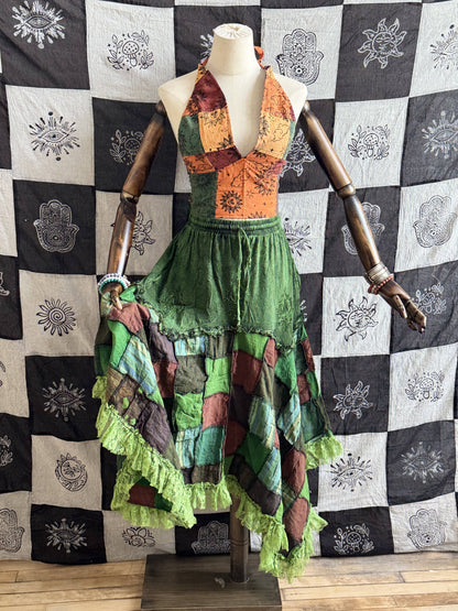 Patchwork Asymmetrical Flowy Skirt with Lace