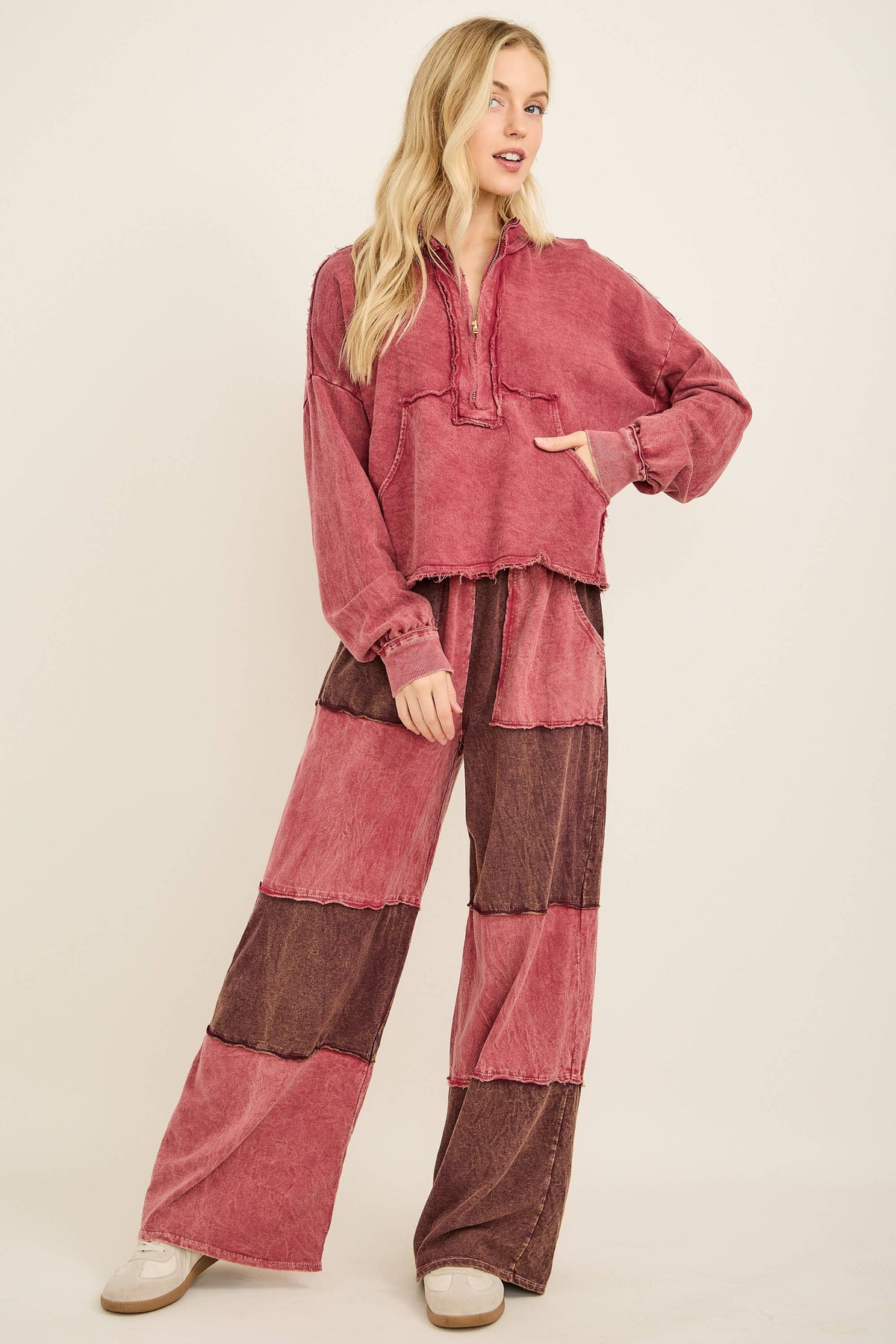 Mineral Wash Color Block Wideleg Lounge Pants
