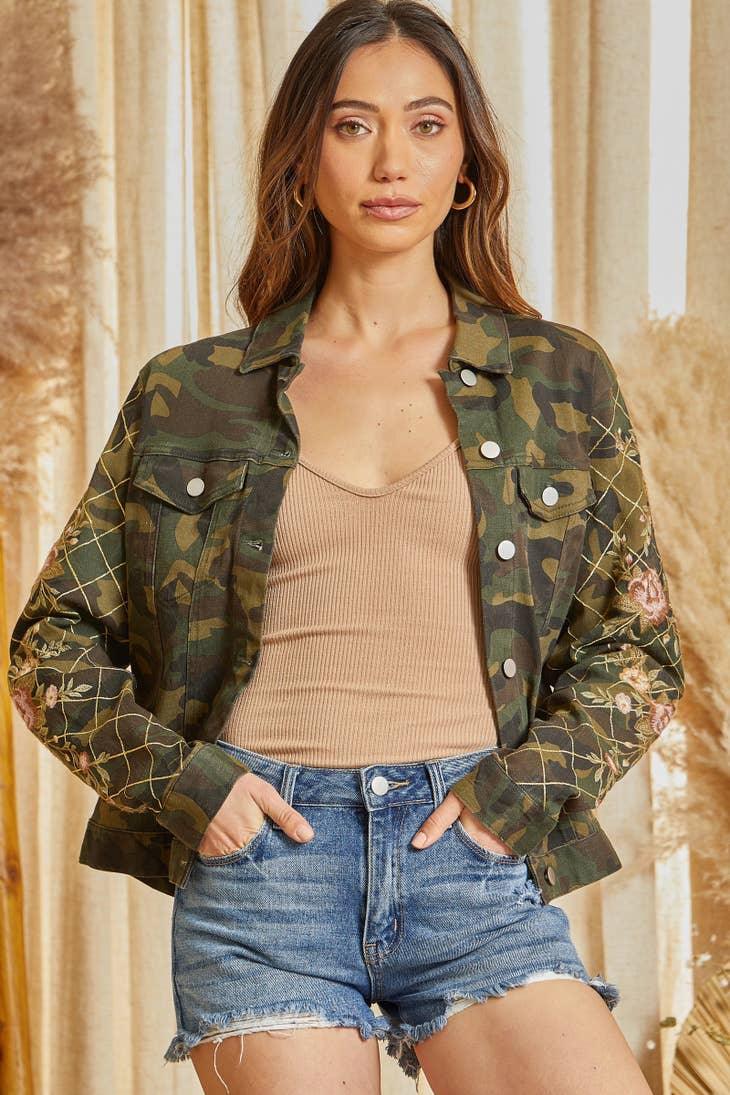 Embroidered Camo Print Jacket - Random Hippie