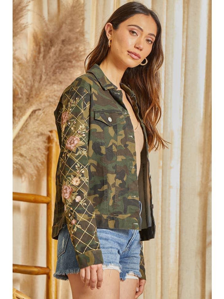 Embroidered Camo Print Jacket - Random Hippie