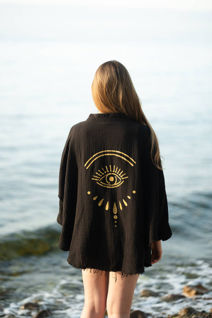 Evil Eye Muslin Kimono Robe Black